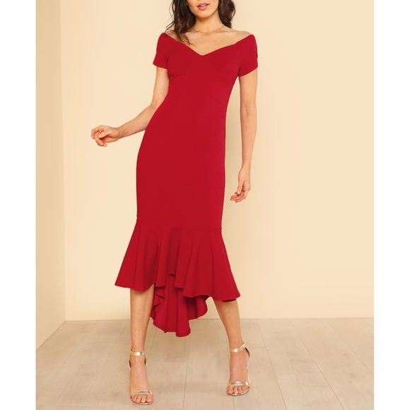 Red Off the Shoulder Bodycon Mermaid Midi Dress - Picture 5 of 6